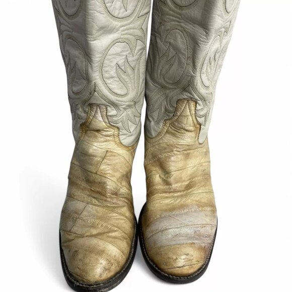 Larry Mahan Leather Ivory Western Biker Cowboy Boots Men's 8.5 D Vintage - Picture 3 of 13
